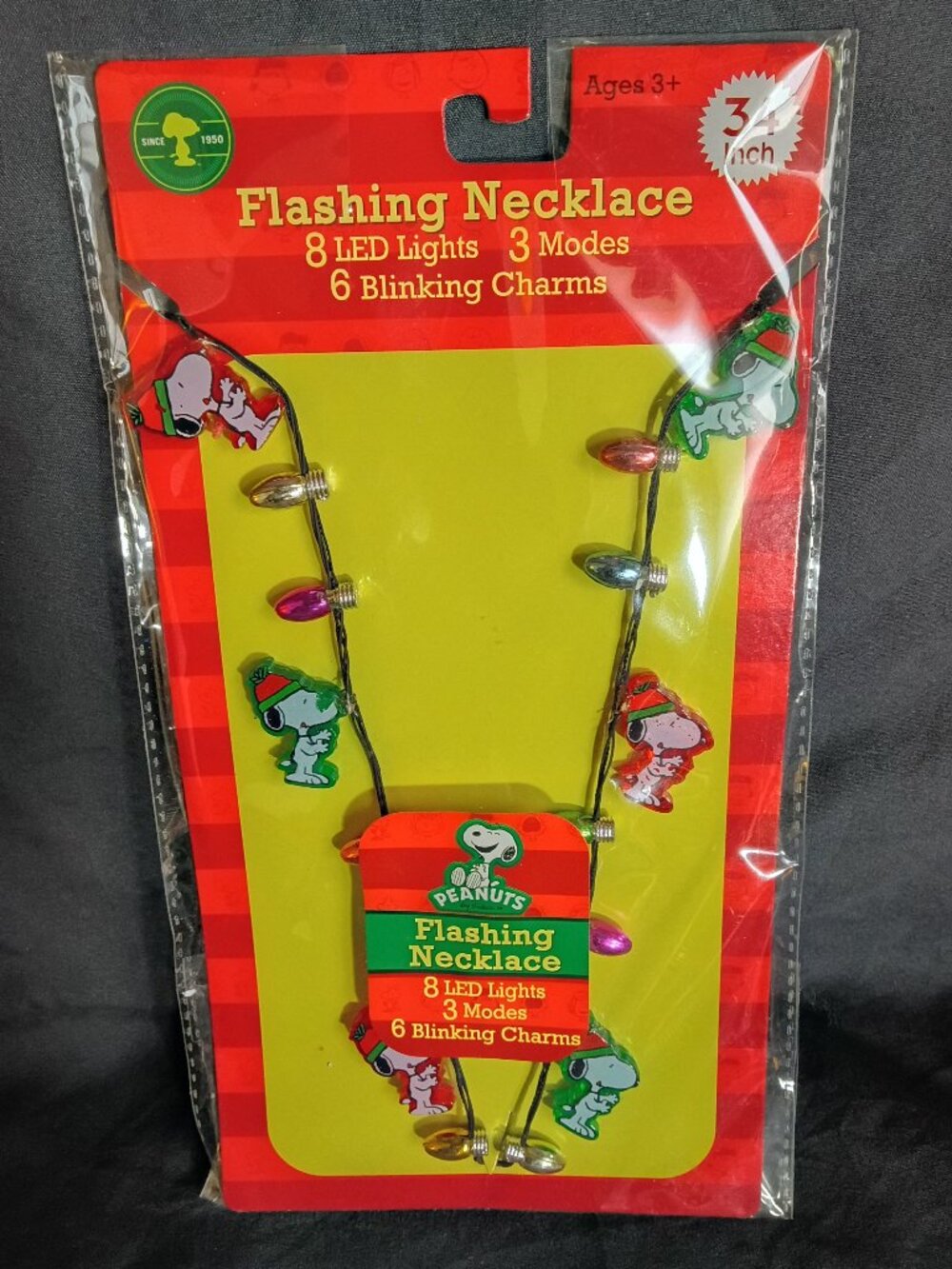 Peanuts Snoopy Flashing Christmas Necklace 8 LED Lights NOS Unused NIP